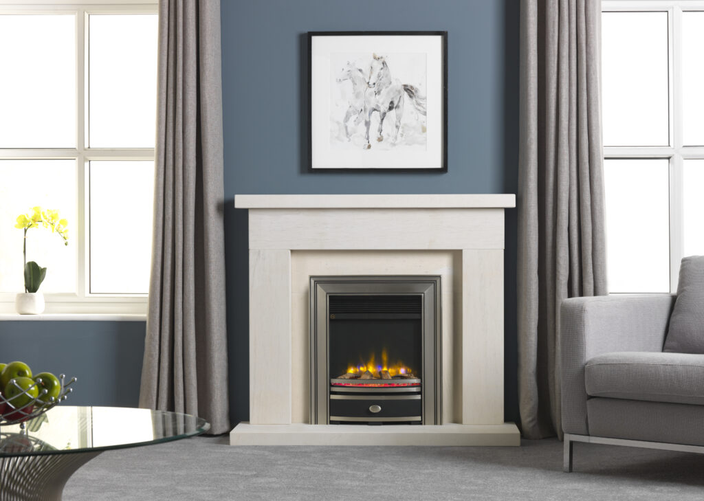 4D Ecoflame Beckford Surround Pewter Square Cast Fascia with Log Fuel Bed 1