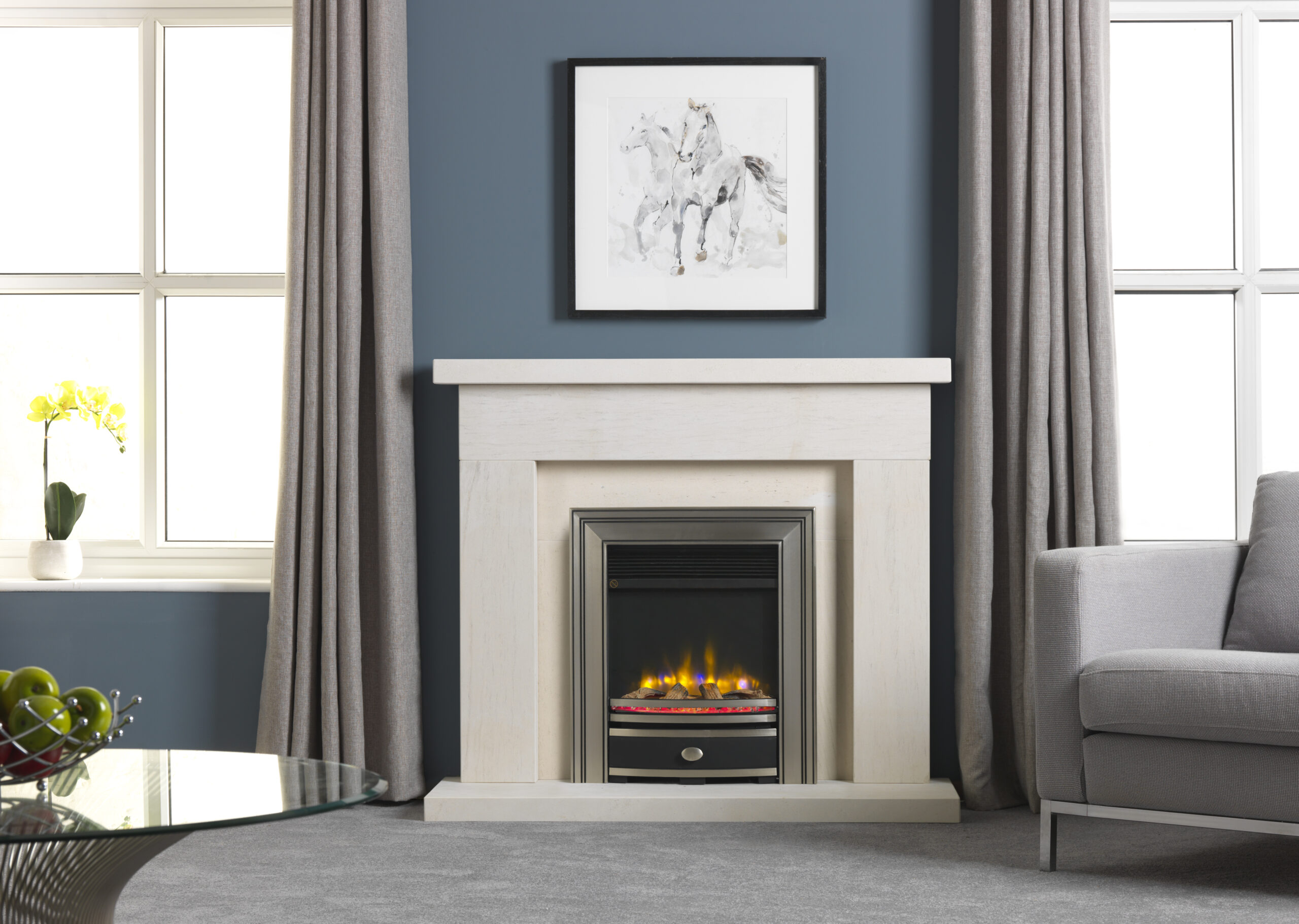 4D Ecoflame Beckford Surround Pewter Square Cast Fascia with Log Fuel Bed 1