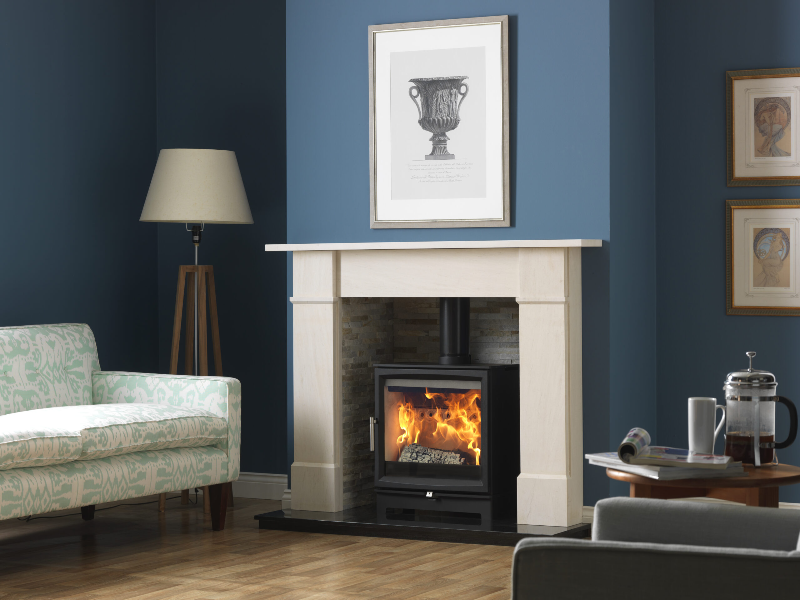 Woodtec 5kW Extra Wide in Mafra Surround with Rustic Brick Liners