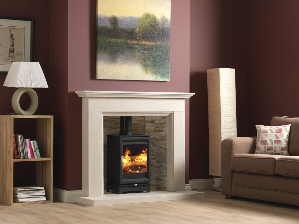 Woodtec 5kW on stand in Aylesbury Surround with Rustic Brick Liners